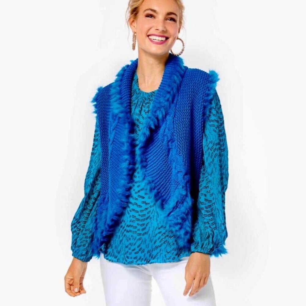 NWT Lilly Pulitzer NWT Torini Faux Fur Sweater Vest Teal Bay Small S - Picture 3 of 5
